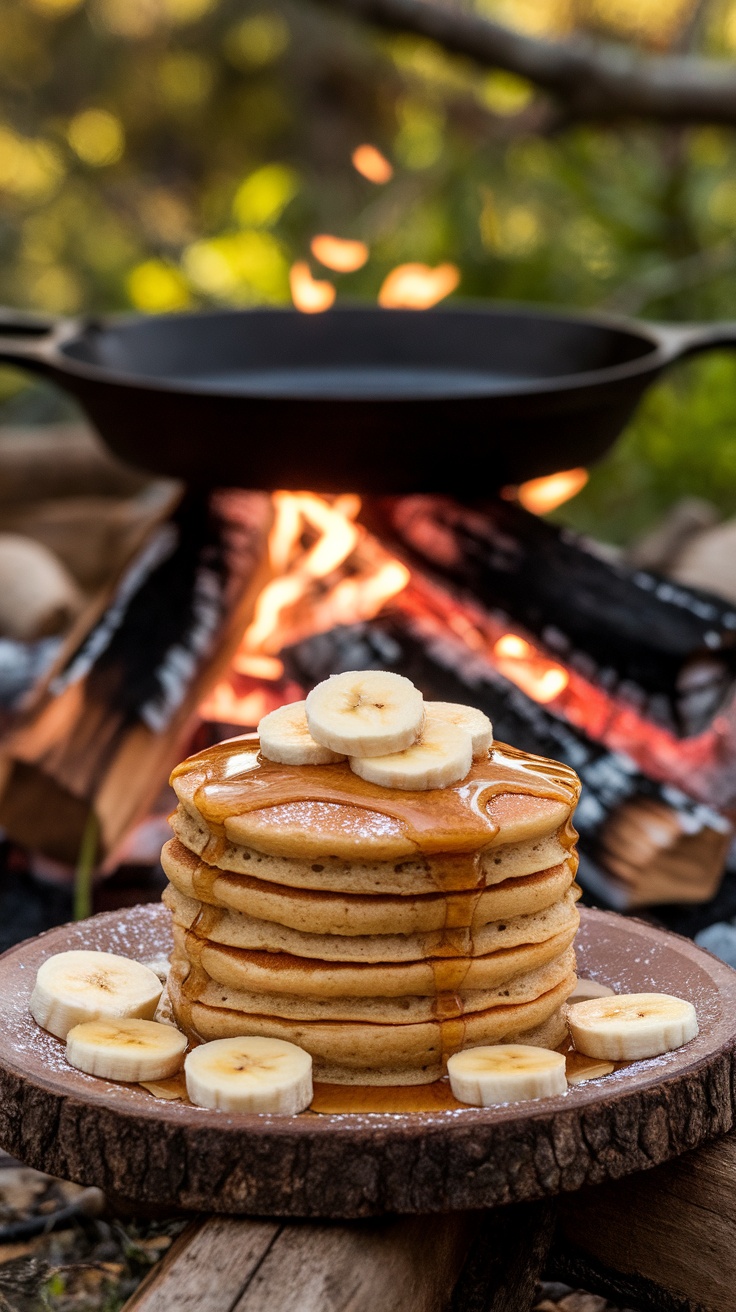 Fluffy banana bread pancakes with syrup and bananas, beside a cast iron skillet over a campfire.
